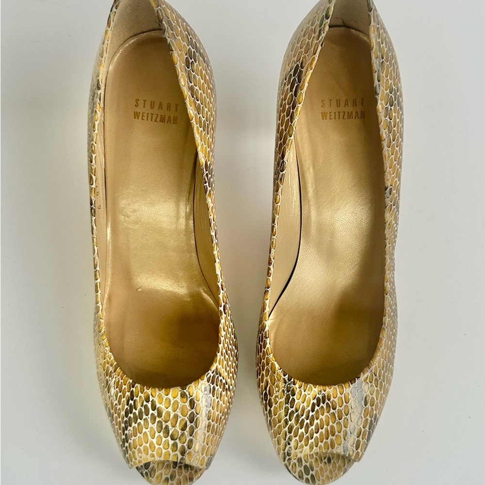 Stuart Weitzman Gold and Brown Snake Print Heels